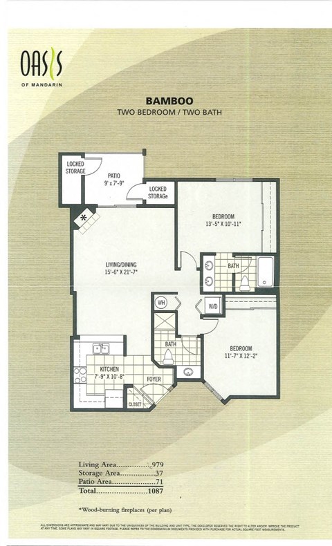 Floor plan for 2 beds, 2 baths, 1087 sqft